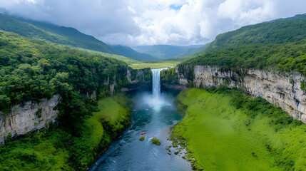 Fototapeta premium Aerial view of a majestic waterfall cascading into a lush green valley