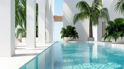 Fototapeta premium A tranquil poolside scene with tropical palm trees, white minimalist architecture, and shimmering blue water.
