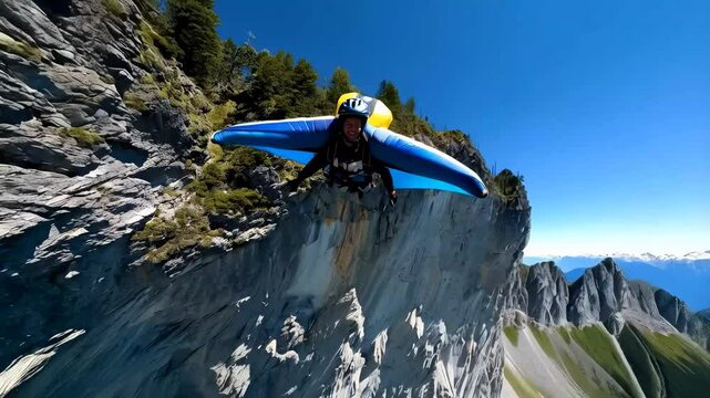 Wingsuit flying near rocky mountain ridge, soaring with breathtaking aerial perspective across snow capped peaks and alpine landscape under bright summer sunlight