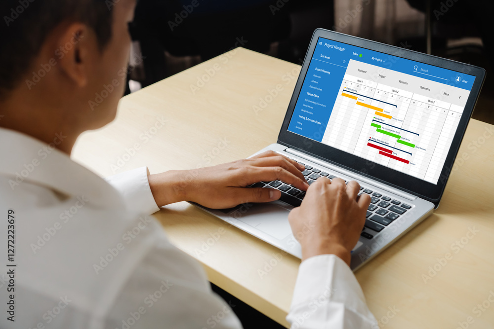 Poster project planning software for modish business project management on the computer screen showing time