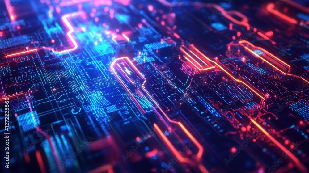 Poster glowing lines of data flow across a futuristic circuit board, symbolizing the complex processes invo