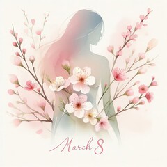 Fototapeta premium Gentle Feminine Silhouette with Cherry Blossoms