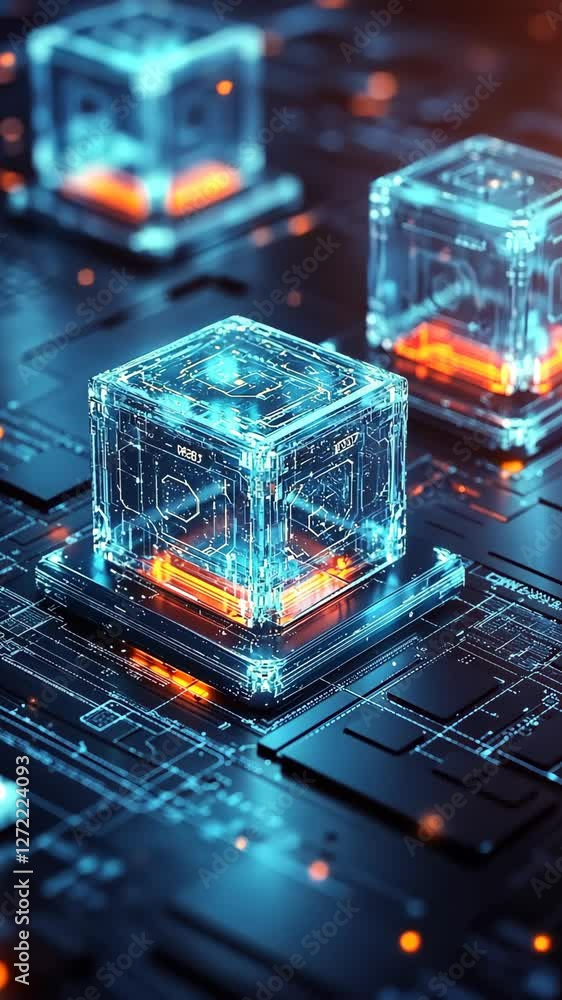 Poster futuristic digital cubes with glowing interiors on a circuit board during a high-tech display