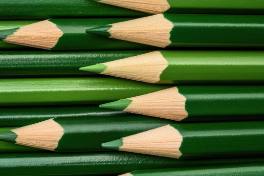 Collection of sharp green pencils lined up with smooth wooden texture for artistic expression and creativity