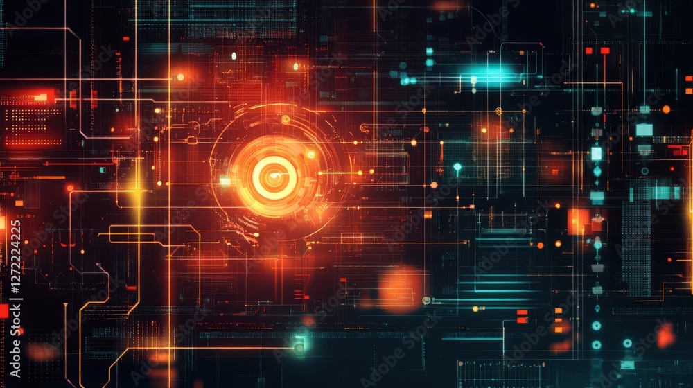 Poster futuristic technology background with glowing circuit board and data flow