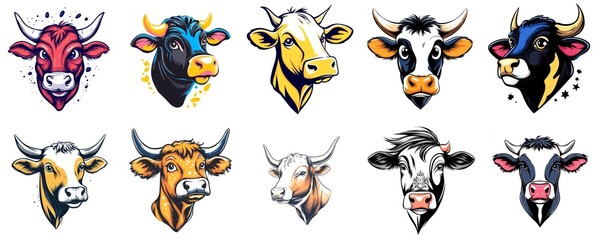 Naklejka premium Colorful Cow and Bull Head Illustrations