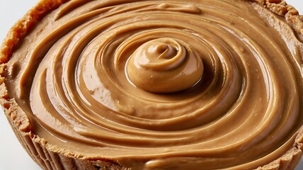 Closeup view of creamy peanut butter in a cookie crust pie shell