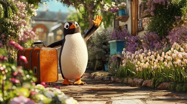Penguin in Garden with Suitcase: Waving Goodbye Amidst Colorful Spring Flowers
