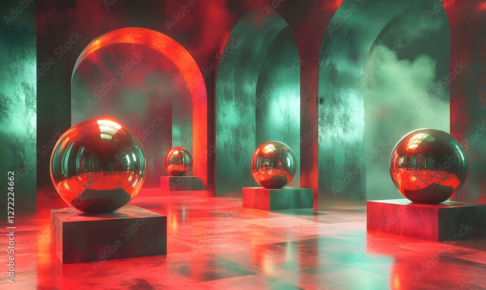 Poster abstract spheres with arches, creating a mesmerizing and surreal futuristic scene with smoke