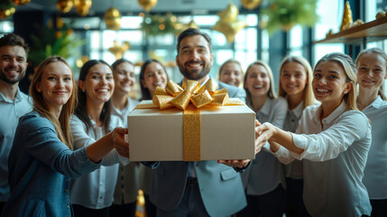 A group of people holding a gift box in front of a group of smiling people
