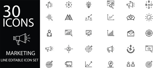30 Editable Line Icons for Marketing and SEO Perfect for Adobe Stock Digital Promotion and Business Analytics
