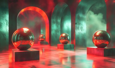 Abstract Spheres with Arches, creating a mesmerizing and surreal futuristic scene with smoke
