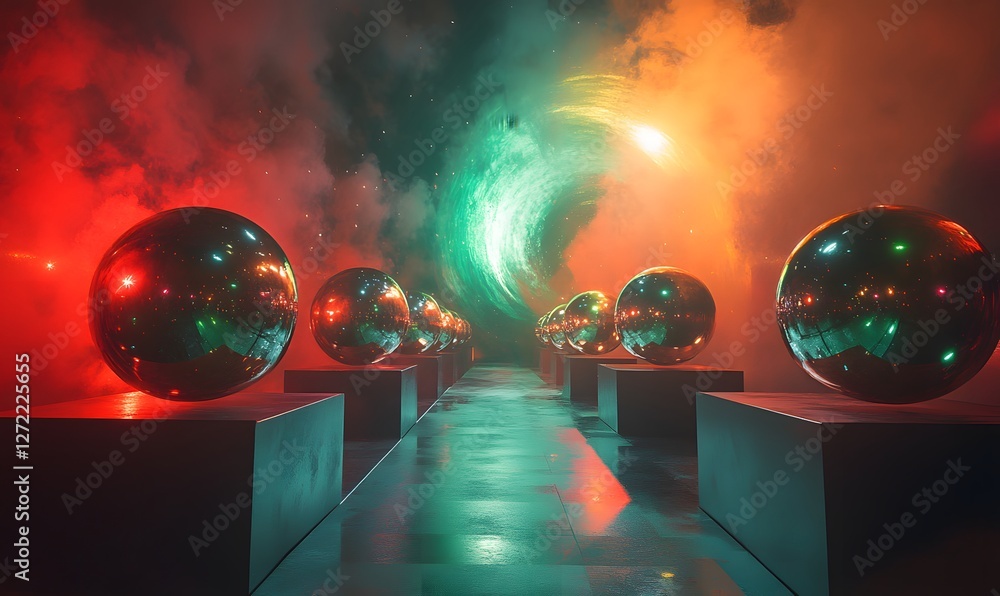 Poster abstract luminous spheres with a celestial vortex in background on a reflective path