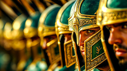 A group of men wearing helmets and holding spears