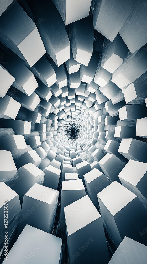 Poster abstract 3d image of swirling white cubes forming a tunnel, symbolizing concepts of data flow, techn