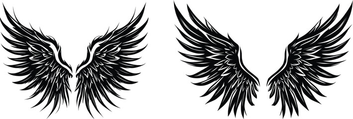 Black and White Vector Graphic of Two Symmetrical Angel Wings Design.
