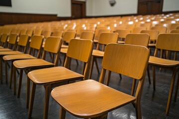 Wooden chairs stand empty in a courtroom jury box, arranged in rows and awaiting the jury. The setting creates a sense of anticipation and solemnity in the legal environment