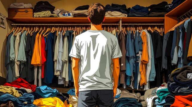 A man standing in front of a closet full of clothes