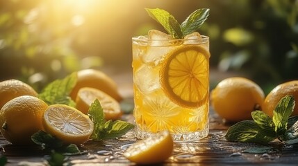 Fototapeta premium Refreshing lemonade with ice and mint leaves in a sunny outdoor setting perfect for summer enjoyment. Refreshing summer drink, background for text