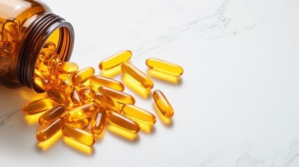 Vitamin d capsules spilled from brown bottle on marble surface