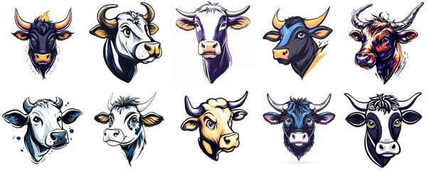 Naklejka premium Cow and Bull Heads Animal Portraits Farm Art
