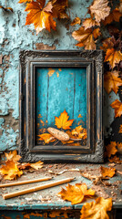 A picture frame with a picture of a pine cone and some leaves on a table