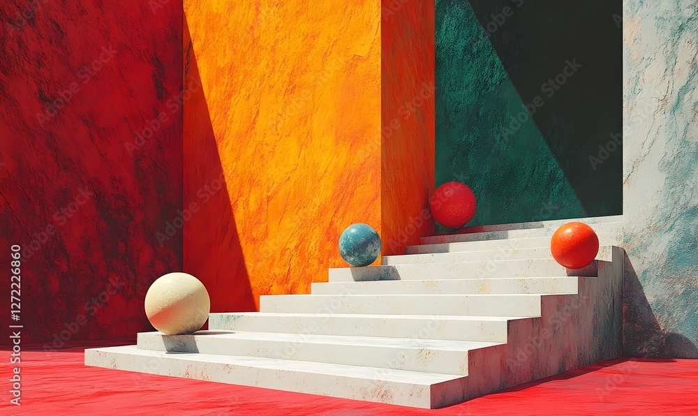 Poster abstract architectural space with colorful walls and spheres on steps creating a surreal scene