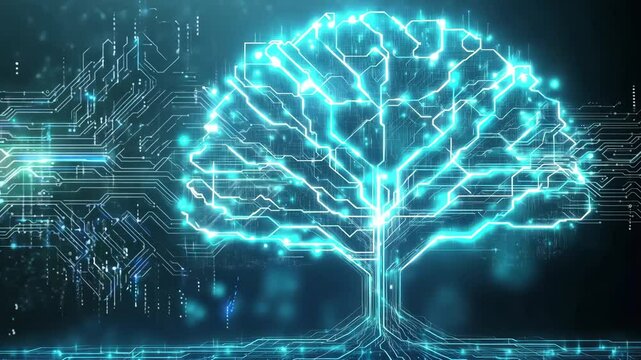 A digital tree symbolizes technology with glowing circuits and nodes, showcasing a blend of nature and innovation in a dark environment