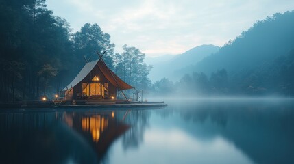 Fototapeta premium Lakeside glamping tent, misty mountains, tranquil dawn, travel