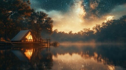 Fototapeta premium Lakeside glamping tent, starry night, tranquil scene, nature escape