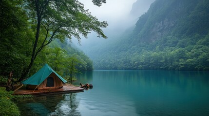 Fototapeta premium Lakeside glamping tent, misty mountain backdrop, tranquil scene