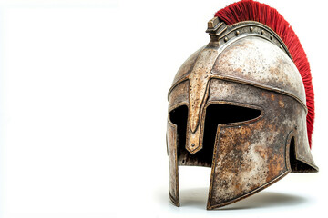 A roman helmet with a red mohawk on top of it