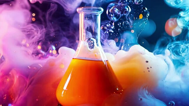 A laboratory flask containing bright orange liquid releases bubbles as it is enveloped in colorful smoke, showcasing a dynamic experiment in action
