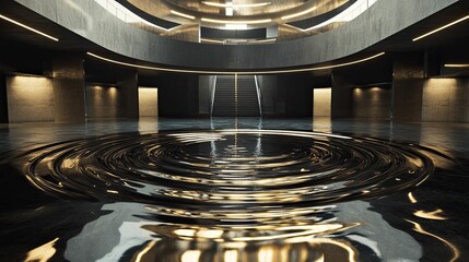 Circular ripples on dark, reflective floor, modern building.