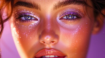A close up of a woman's face with glitter on her face