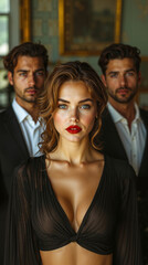 Obraz premium A woman in a black dress standing next to two men