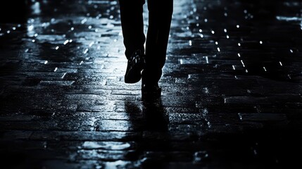 Intriguing Noir Detective Trail as a Mysterious Figure Follows Faint Footsteps on Shadowed Urban Pavement in a Dramatic Setting