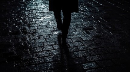 Intriguing Noir Detective Trail as a Mysterious Figure Follows Faint Footsteps on Shadowed Urban Pavement in a Dramatic Setting