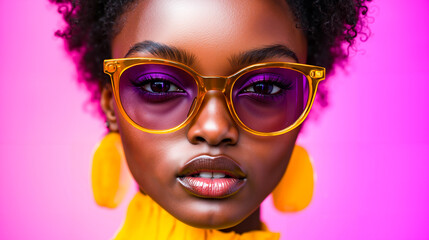 A woman wearing a yellow top and purple sunglasses