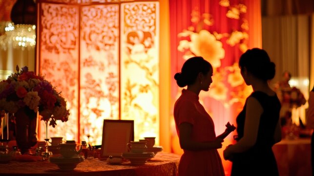Two hostesses are talking during a chinese themed event, in front of a decorated folding screen, with a table with flowers and teacups in the foreground