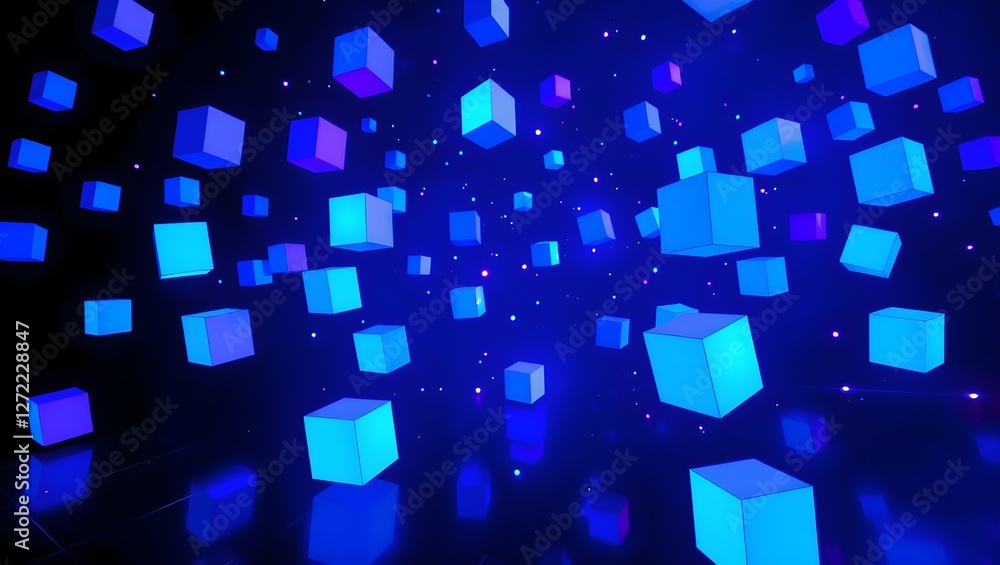 Aufkleber a dynamic display of floating blue and purple cubes set against a dark background, creating a futuri