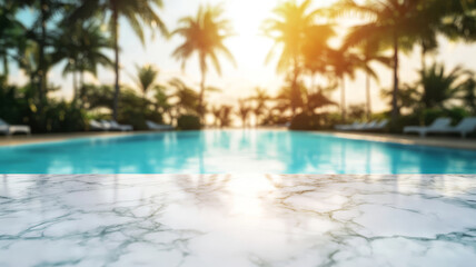 A smooth white marble table top in the foreground, with a blurred tropical resort swimming pool and lush greenery in the background, creating a bright, summery setting for product display or montage.