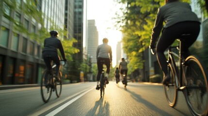 Corporate employees embracing eco-friendly commute by cycling to work in urban setting