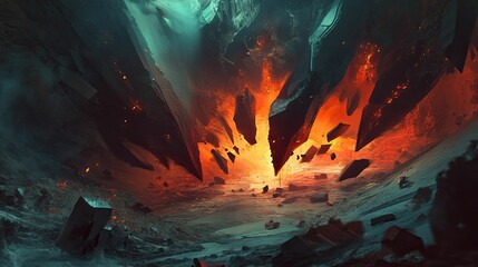 Fototapeta premium Fiery chasm; dark crystals, glowing lava.