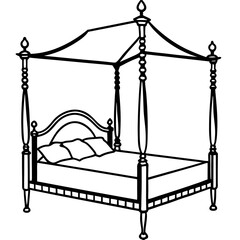 Four-Poster Bed and Table Vector Illustration – Cartoon, Clipart, and Line Art, High-quality vector illustration of a four-poster bed and table in cartoon, clipart, and line art style.