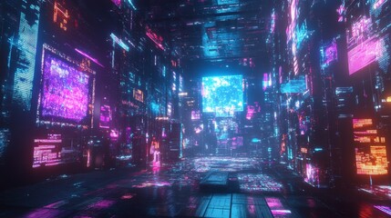 Obraz premium Futuristic digital tunnel with glowing displays