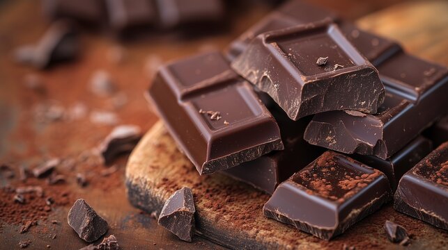 pieces of chocolate ona. wooden board 