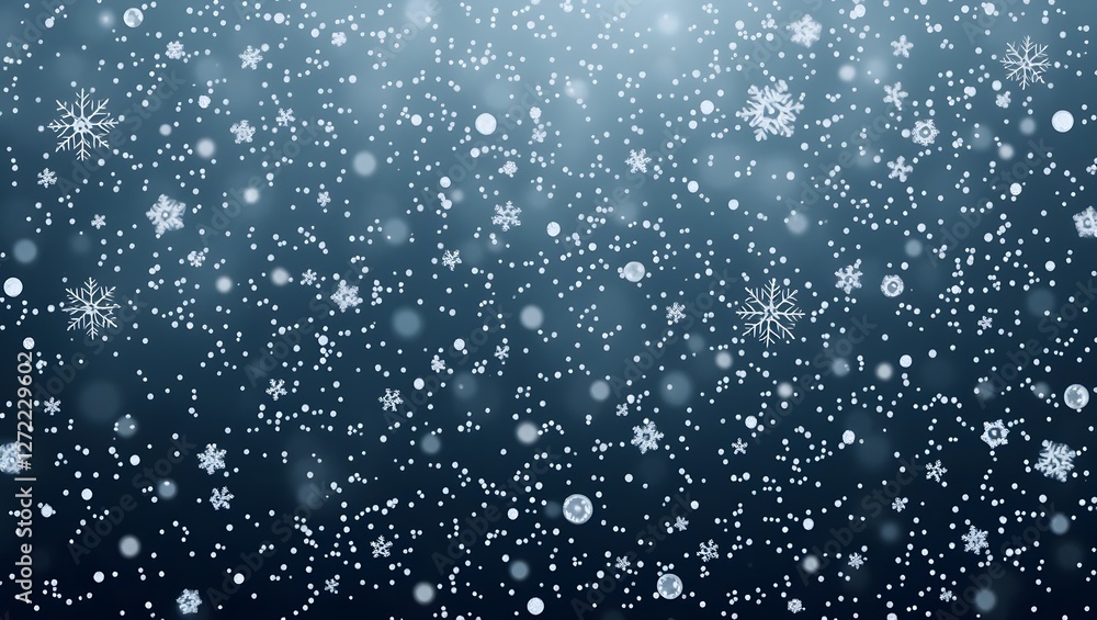 Poster a serene winter scene with softly falling snowflakes against a dark background, creating a magical, 