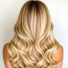 Naklejka premium A woman with long wavy blonde hair is shown from the back