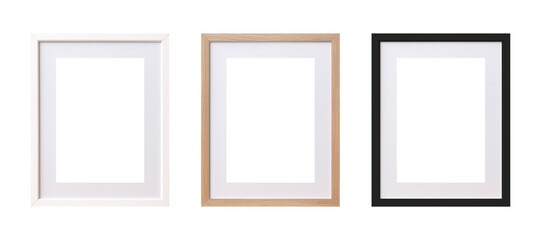 Modern standard A4 A3 size picture frame mockup transparent PNG set bundle, isolated background. White, wood, black texture color with a mat, gallery, art painting photo framing